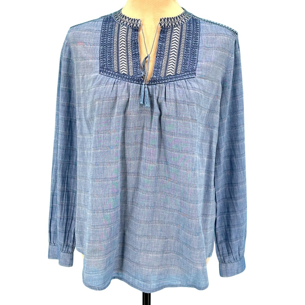 J.Crew Blue Embroidered Tassel Peasant Blouse Striped Cotton Top 07660 Womens 2